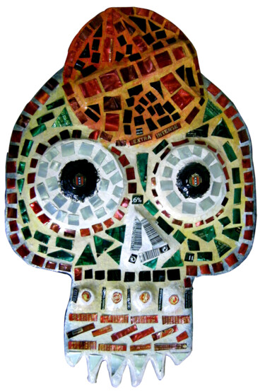 Tête de mort en papier-mâché : Crâne Anarchiste Collages intitulée "Tête de mort en pap…" par Florence H Art Brut, Art Naïf, Pop Art, Œuvre d'art originale, Papier