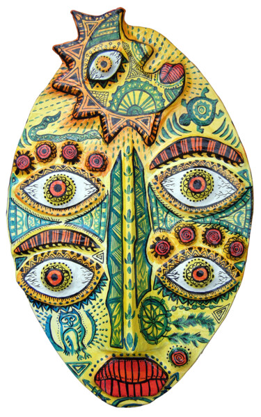 Art Brut : Masque Esprit de la Lune Collages intitulée "Art Brut : Masque…" par Florence H Art Brut, Art Naïf, Pop Art, Œuvre d'art originale, Papier mâché
