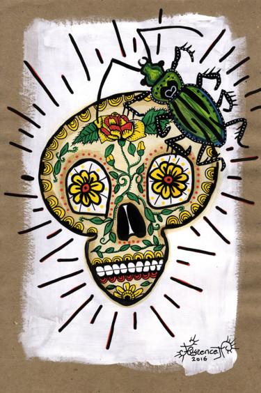 Drawing titled "Tête de mort mexica…" by Florence H, Original Artwork, Acrylic Mounted on Cardboard