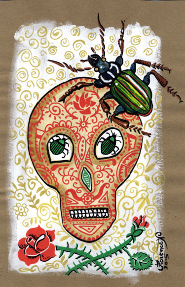 Drawing titled "tête de mort mexica…" by Florence H, Original Artwork, Acrylic Mounted on Cardboard