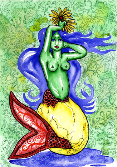 Dessin intitulée "Sirène dans un Œuf" par Florence H, Œuvre d'art originale, Aquarelle Monté sur Carton
