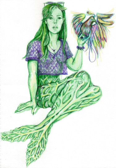 Dessin intitulée "Sirène végétale" par Florence H, Œuvre d'art originale, Crayon