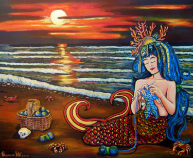 Peinture intitulée "Sirène tricoteuse" par Florence H (Florence Hulot Escobar), Œuvre d'art originale, Acrylique