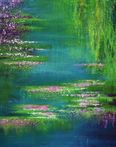 Peinture intitulée "étang au printemps…" par Florence Hernandez, Œuvre d'art originale, Acrylique Monté sur Châssis en bois