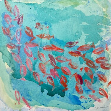 「Un banc de poissons」というタイトルの絵画 Florence Maraine Bertrandによって, オリジナルのアートワーク, コラージュ ウッドストレッチャーフレームにマウント