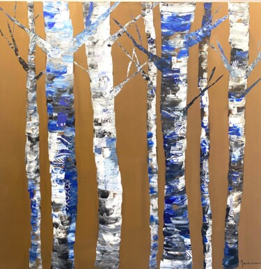 Painting titled "Les arbres bleus" by Florence Maraine Bertrand, Original Artwork, Collages