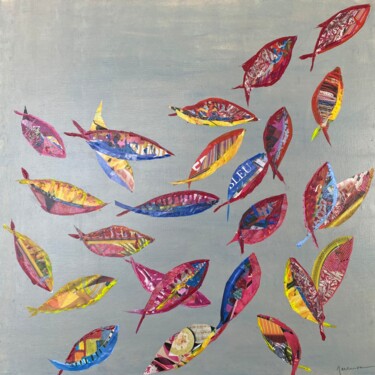 Painting titled "Banc de Poissons" by Florence Maraine Bertrand, Original Artwork, Acrylic Mounted on Wood Stretcher frame
