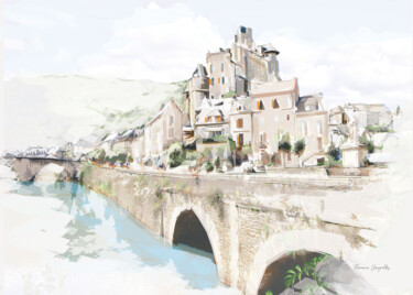 Arte digitale intitolato "village d'Estaing" da Florence Nayrolles, Opera d'arte originale, Pittura digitale Montato su Tela…