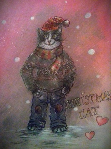 Peinture intitulée "Christmas cat !" par Flo R, Œuvre d'art originale