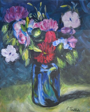 Painting titled "Fleurs dans bocal d…" by Florence Trottoli, Original Artwork, Acrylic Mounted on Wood Stretcher frame