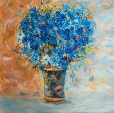 Painting titled "Fleur bleue" by Florence Trottoli, Original Artwork, Acrylic Mounted on Wood Stretcher frame