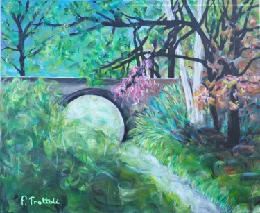 Painting titled "Pont de l'Hermitage…" by Florence Trottoli, Original Artwork, Acrylic Mounted on Wood Stretcher frame