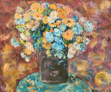 Painting titled "Dahlias" by Florence Trottoli, Original Artwork, Acrylic Mounted on Wood Stretcher frame