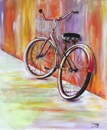 Painting titled "A bicyclette" by Florence Yangui, Original Artwork, Acrylic