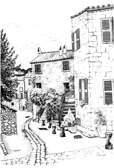 Dessin intitulée "Ruelle de Piana" par Florence Bonni Venti, Œuvre d'art originale, Stylo gel