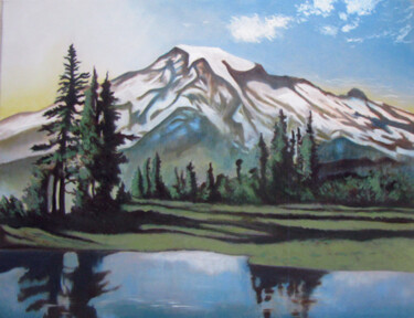 Painting titled "Le mont Rainier" by Florent Sibille, Original Artwork, Oil Mounted on Wood Stretcher frame