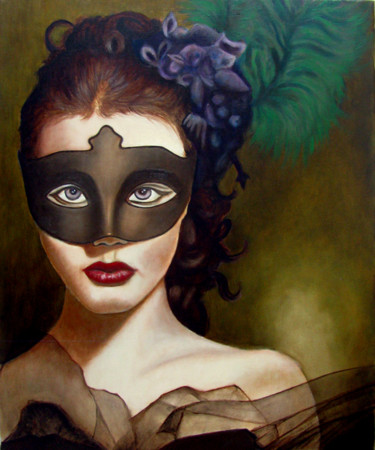 Painting titled "Le masque" by Florent Sibille, Original Artwork, Oil Mounted on Wood Stretcher frame