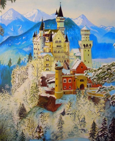 Painting titled "Neuschwanstein" by Florent Sibille, Original Artwork, Oil Mounted on Wood Stretcher frame