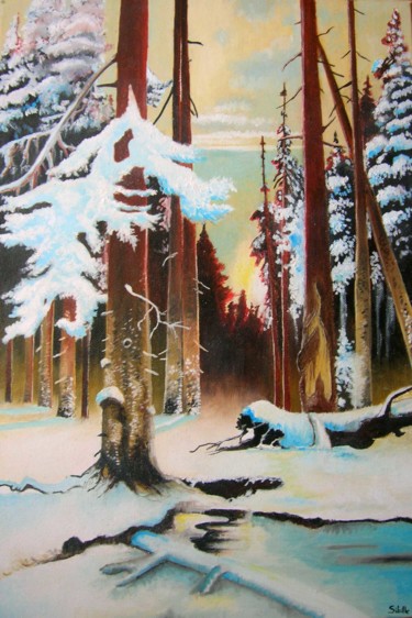 Peinture intitulée "Soleil couchant" par Florent Sibille, Œuvre d'art originale, Huile Monté sur Châssis en bois