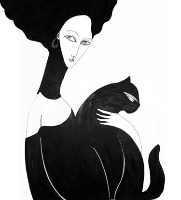 Рисунок под названием "Dame au chat" - Florette F, Подлинное произведение искусства, Чернила