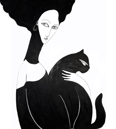 Drawing titled "Dame au chat" by Florette F, Original Artwork, Ink