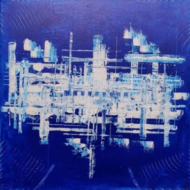 Painting titled "Oilrig" by Florian Thomas, Original Artwork, Acrylic Mounted on Wood Stretcher frame
