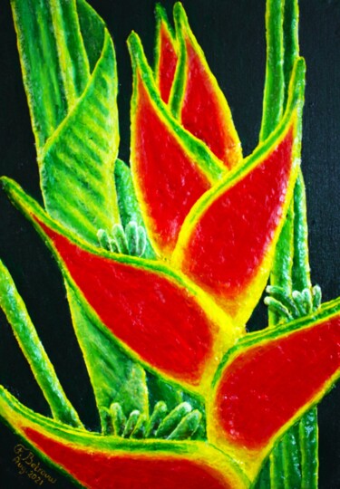 Schilderij getiteld "Red Heliconia Flower" door Floris Betrouw, Origineel Kunstwerk, Acryl