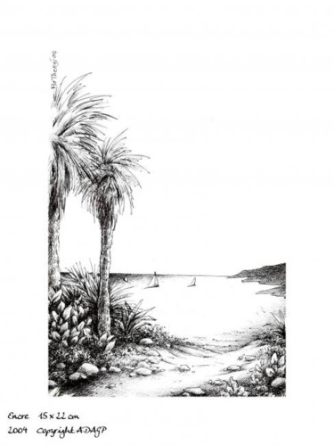 Dessin intitulée "Palmiers de la plage" par Flo Thengi, Œuvre d'art originale