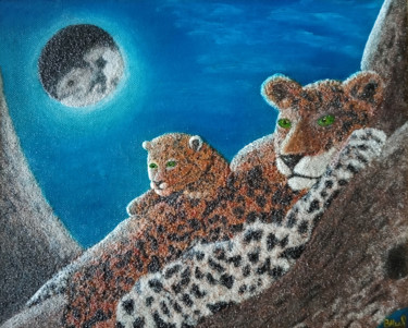Peinture intitulée "Леопарды при Луне" par Vasilij Mischenko, Œuvre d'art originale, Acrylique