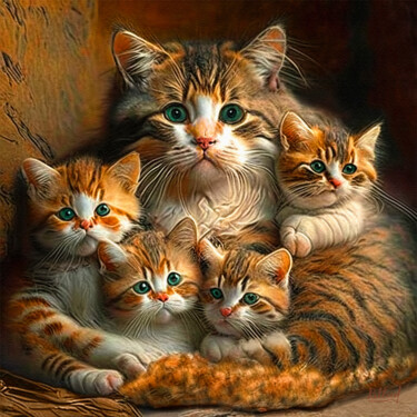 Digital Arts titled "Кошка с котятами" by Vasilij Mischenko, Original Artwork, 2D Digital Work