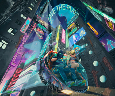 Arts numériques intitulée "Night city ride" par Flybenazer, Œuvre d'art originale, Travail numérique 2D