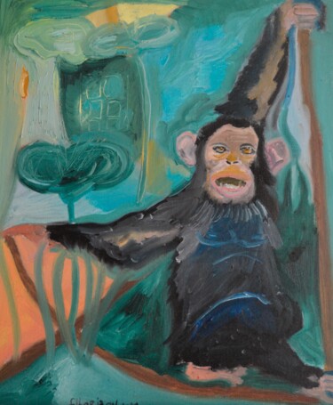 Painting titled "chimpanzé végétal" by Florence Maindrault, Original Artwork, Oil Mounted on Cardboard