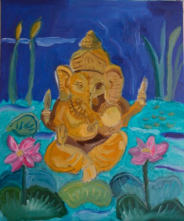 Картина под названием "Ganesh nocturne" - Florence Maindrault, Подлинное произведение искусства, Масло Установлен на картон