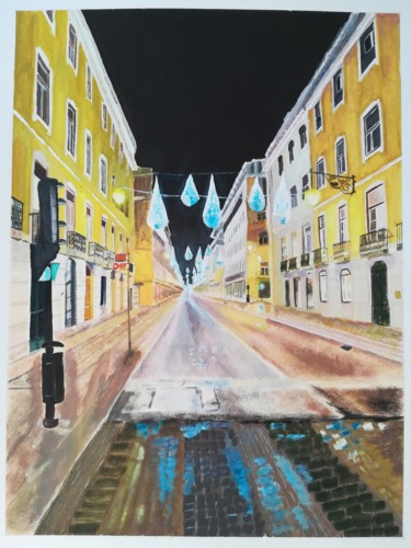 Painting titled "Rua Augusta, Lisboa" by Fernando Amaral, Original Artwork, Gouache