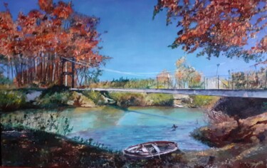 Malerei mit dem Titel "Le pont de l'Ile au…" von Erick Millet, Original-Kunstwerk, Acryl