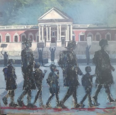 Painting titled "Schools reopening v…" by Fikile Mqhayi, Original Artwork, Acrylic Mounted on Wood Stretcher frame