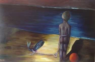 Peinture intitulée "Sur la plage au cla…" par Franck Tirel, Œuvre d'art originale, Huile