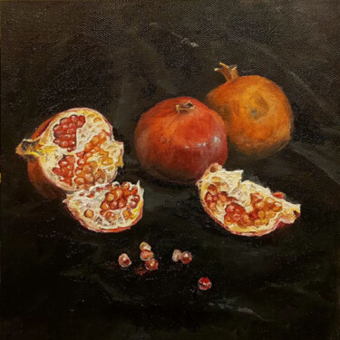 Painting titled "Three pomegranates" by Folia Menthae, Original Artwork, Oil Mounted on Wood Stretcher frame