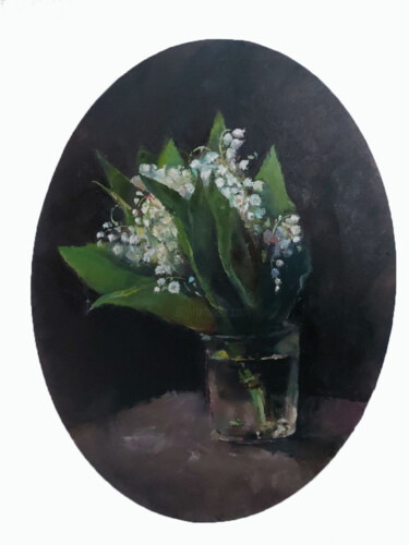 Painting titled "Lilies of the valley" by Folia Menthae, Original Artwork, Oil Mounted on Wood Stretcher frame
