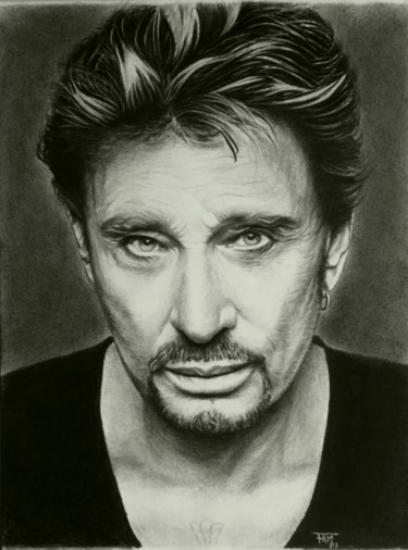 Drawing titled "Johnny Hallyday" by Fam, Original Artwork, Charcoal