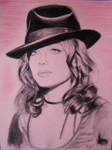 Drawing titled "Romy Schneider" by Fam, Original Artwork, Charcoal