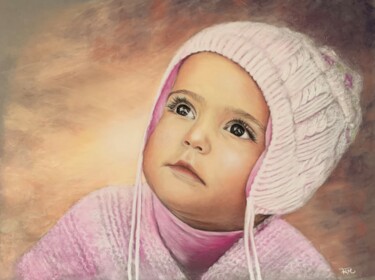 Dessin intitulée ""fillette au bonnet"" par Fam, Œuvre d'art originale, Pastel