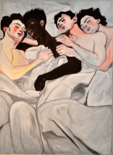 Painting titled "LES 4 COPAINS" by Vareille Sorbac, Original Artwork, Oil Mounted on Wood Stretcher frame