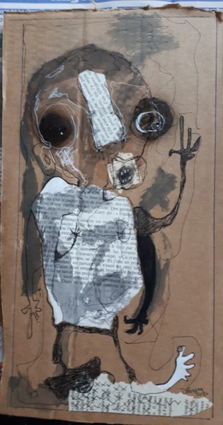 "PetitPersonnage 2" Drawing titled ""PetitPersonnage 2"" by Dominique Fossey, Original Art, Collages Mounted on Wood Panel