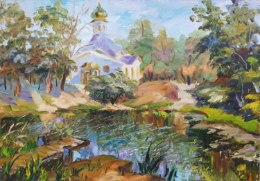 Картина под названием "Озеро в п.Царевщина" - Елена Малахова, Подлинное произведение искусства, Масло Установлен на картон