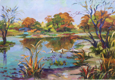 Peinture intitulée "Озеро в п.Рубежный" par Elena Malakhova, Œuvre d'art originale, Huile Monté sur Carton