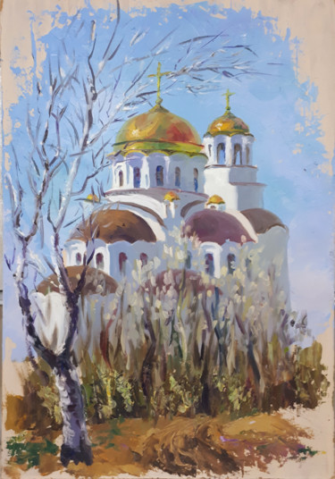 Painting titled "Церковь на ул.Тухач…" by Elena Malakhova, Original Artwork, Oil Mounted on Cardboard