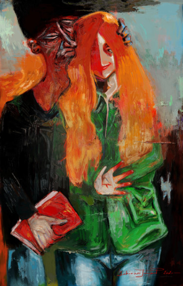 Malerei mit dem Titel "Le cahier rouge" von Fouad Yahiaoui, Original-Kunstwerk, Digitale Malerei Auf Keilrahmen aus Holz mon…