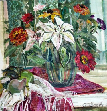 Painting titled "цветы на даче" by Olga Olga Gladyshava Gladysheva, Original Artwork, Oil