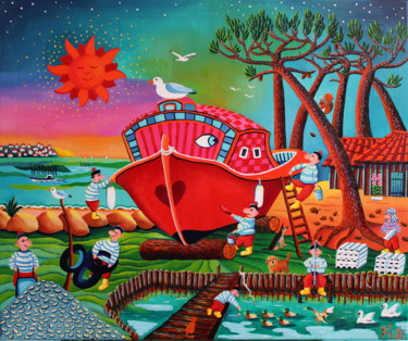 Pinasse en toilette Peinture intitulée "Pinasse en toilette" par Fouschy, Œuvre d'art originale, Huile Monté sur Châssis en bois